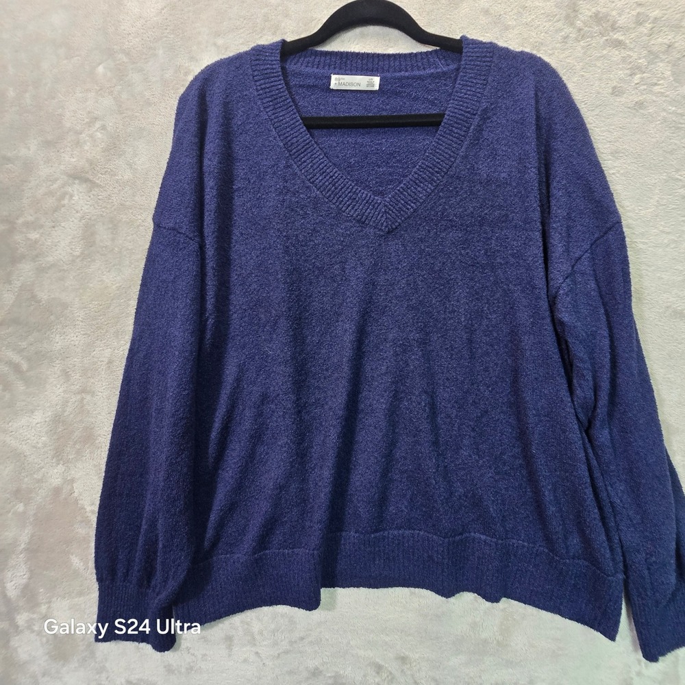 89th + Madison Womens Large Navy Blue Boucle V-Neck Pullover Sweater